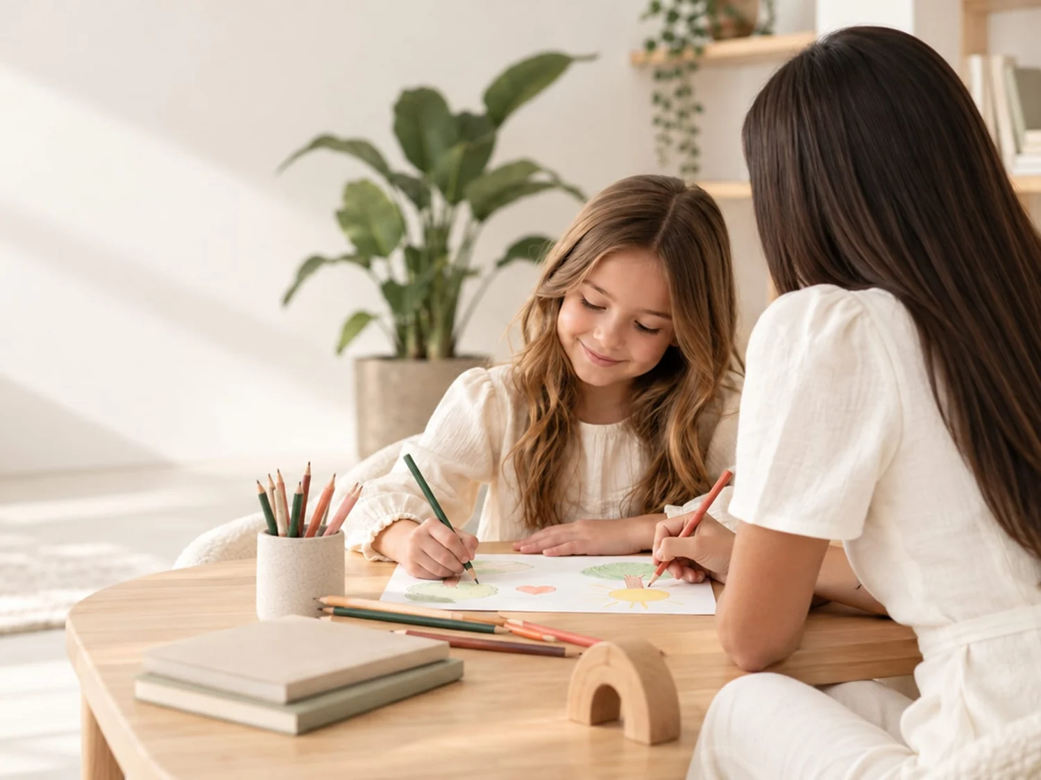 A girl and an adult drawing together