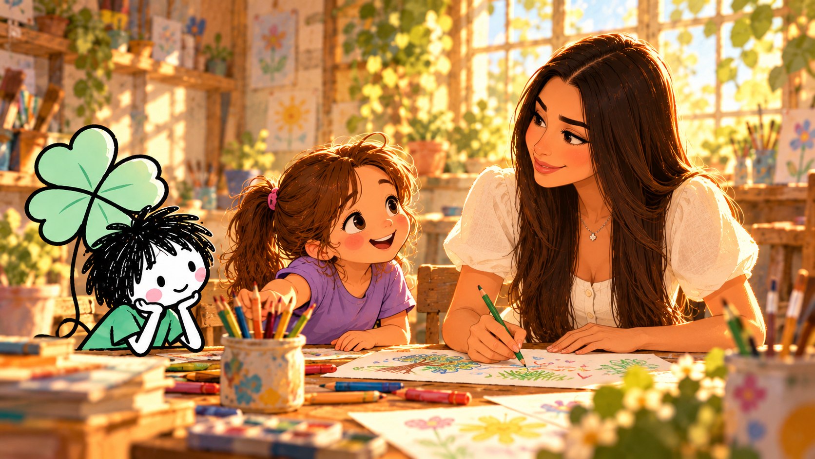Aylin draws and talks with a child as the Yonca character sits at the table.