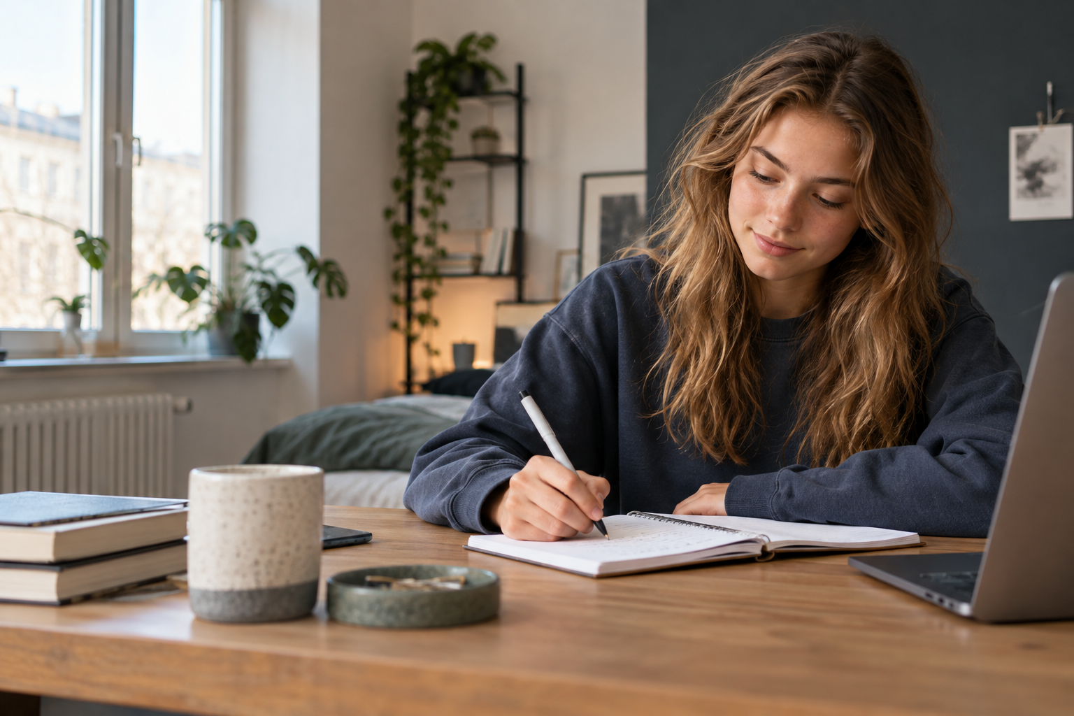 Teenager writing in a notebook at a desk